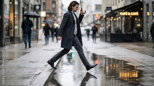 Man walking confidently over puddle in city street during rain  