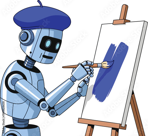 Robot painter in blue beret painting canvas