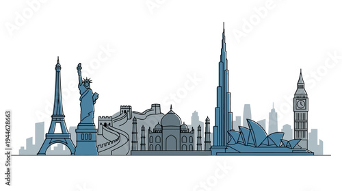 A stylized illustration of famous world landmarks including the Eiffel Tower, Statue of Liberty, Taj Mahal, and Sydney Opera House.