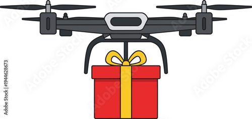 A drone delivering a red gift box with a yellow ribbon