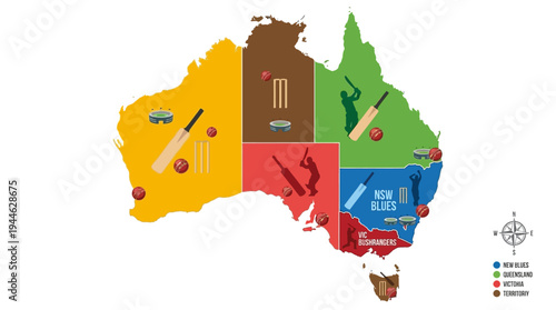 Map of Australia showcasing different cricket-related imagery and icons within each state, highlighting the sport's presence across the continent.