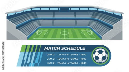 A detailed illustration of a soccer stadium with a match schedule displayed below, featuring team names and times.