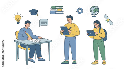 Students engaged in learning activities, with educational symbols surrounding them, representing academic pursuits and knowledge acquisition.