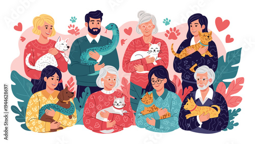 Diverse group of smiling people of all ages proudly holding their domestic pets including dogs, cats, and a large snake in a colorful scene.
