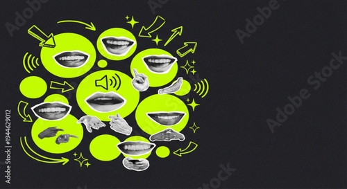 Creative collage of diverse human mouths in various expressions and speech, surrounded by hand-drawn communication icons on a vibrant neon green and dark gray background