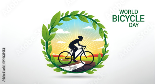 World Bicycle Day, cyclist riding bike, green laurel wreath, sunset background
