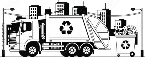 Garbage recycling truck illustration with city background, waste management vehicle collecting trash bin environmental sanitation concept