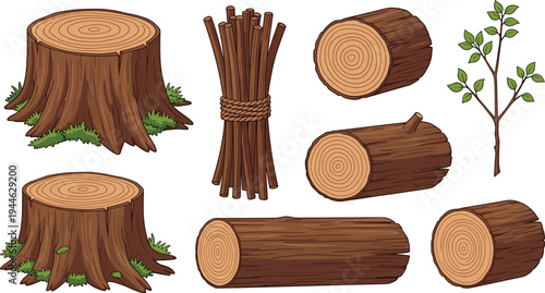 Wood Logs and Stumps Collection, Bundled Firewood, Tree Stumps, and Branches, Natural Wood Illustration for Forest and Outdoor Themes