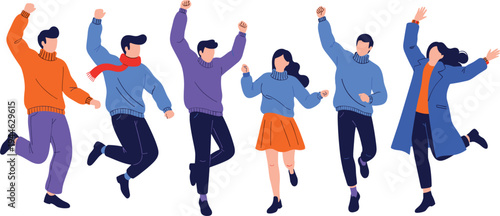 Group of People Jumping in Winter Clothes, Happy Emotion and Celebration, Young Adults in Sweaters and Coats, Joyful Winter Fashion Illustration