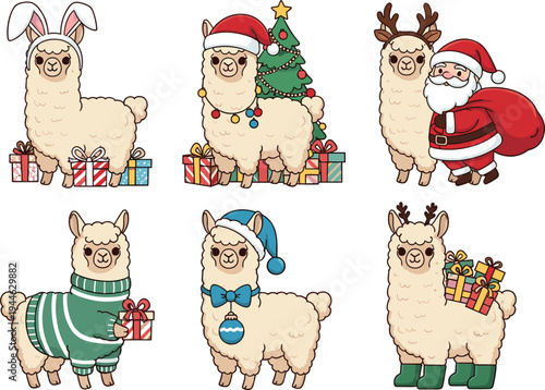 Festive Llamas in Christmas Outfits with Santa, Gifts, Reindeer Antlers, Christmas Tree, and Holiday Accessories