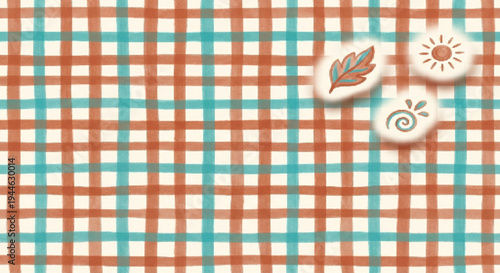 Warm Autumn Plaid Pattern Vector Background with Hand-Drawn Leaf and Sun Icons for Seasonal Designs and Textile Prints