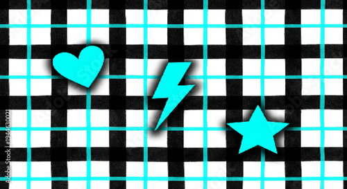 Vibrant black and white gingham plaid pattern with bright turquoise blue grid lines, featuring three glowing neon cyan graphic shapes: a heart, a lightning bolt, and a star