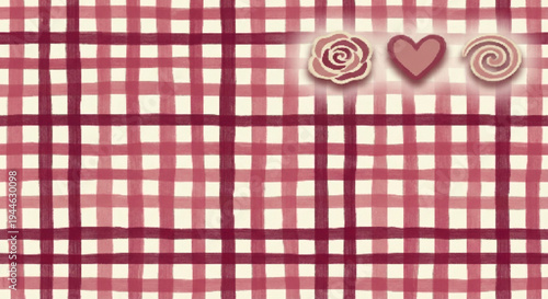 Red and white checkered gingham pattern background with decorative rose, heart, and swirl elements for rustic designs and romantic themes