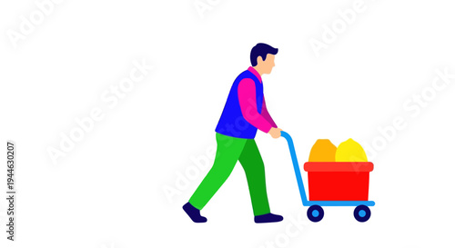 Man pushing grocery cart with fruits, flat design illustration
