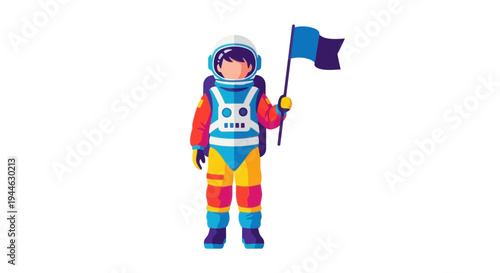Astronaut holding flag, exploring outer space, cartoon style