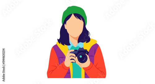 Young woman holding a digital camera, ready to take pictures, flat illustration