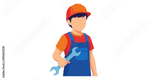 Cartoon Mechanic holding wrench, wearing hard hat and overalls, isolated on white background.