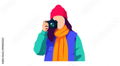 Woman in winter hat and scarf taking photo with camera, illustration