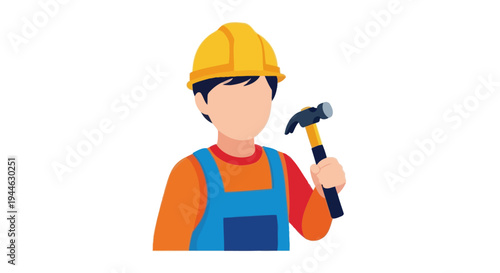 Construction Worker with Hammer and Hard Hat, Flat Illustration