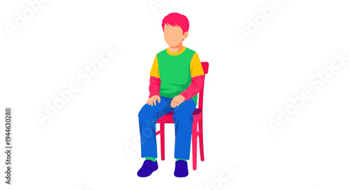 Young Boy Sitting on Chair, Colorful Clothes, Isolated on White Background