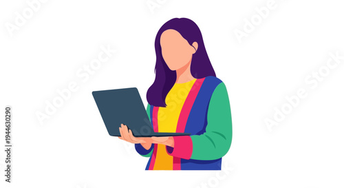 Woman Holding Laptop, Digital Communication, Modern Technology, Flat Design