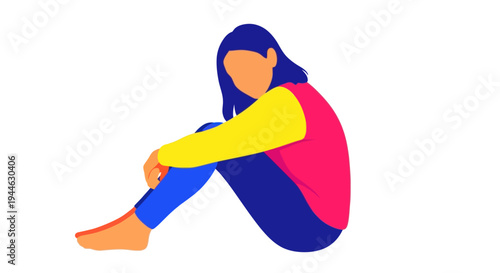Young Woman Sitting Alone, Feeling Sad, Isolated, Minimalist Illustration, White Background