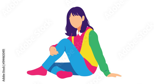 Vibrant Woman Sitting, Colorful Retro Style, Modern Flat Illustration