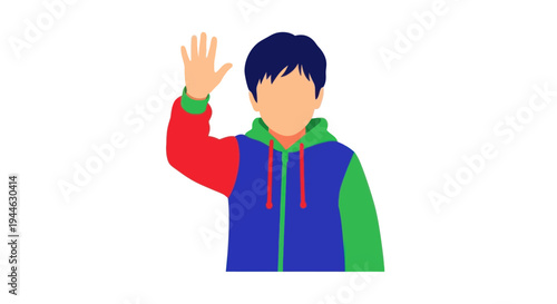 Young boy waving hello, colorful hoodie, isolated on white background, illustration