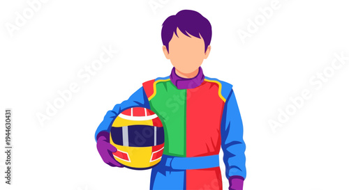 Racing driver in colorful suit holding helmet, flat illustration, isolated on white