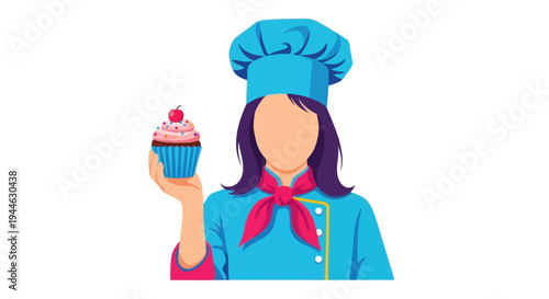 Chef Woman Holding Delicious Cupcake with Cherry, Professional Baker Illustration