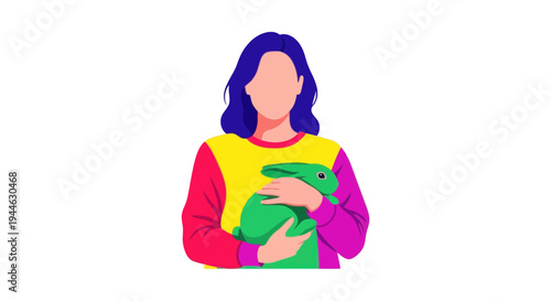 Woman holding a green stuffed dinosaur toy, isolated on white background