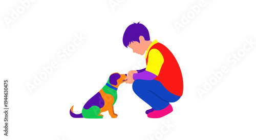 Child Connecting with Colorful Dog, Friendship, Companionship, Love, Playful Pet Interaction