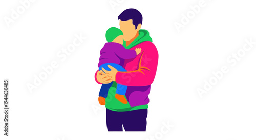 Father holding baby, modern illustration, vibrant colors, family bonding, parent care concept