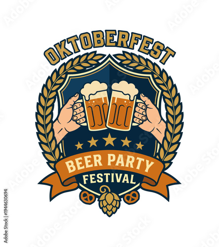 Oktoberfest beer party festival logo design with hands holding beer mugs surrounded by decorative elements and text ideal for events and festive celebrations promoting beer culture T-shirt Design