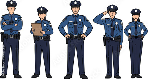 Police Officers in Different Poses with Uniforms, Clipboard, Saluting, and Standing, Cartoon Style Law Enforcement Characters
