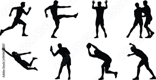 Collection of black male athlete silhouettes performing various sports actions including running, soccer kicking, goalkeeping, basketball throwing, wrestling, and jumping isolated on white background.