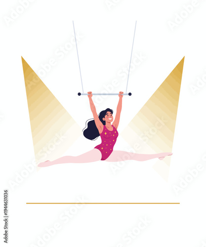 Woman doing aerial yoga silks exercise in studio flat design vector illustration