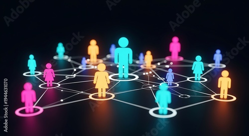Colorful human network connections and relationships concept with multiple people icons linked together on black background