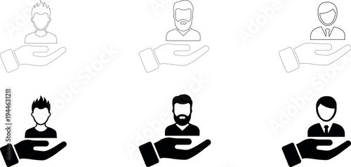 Hand holding various person icon outline and silhouette vector for business and support concepts isolated on transparent background