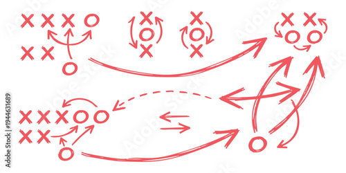 Hand drawn red sports tactic board diagram with Xs and Os strategy arrows vector illustration.