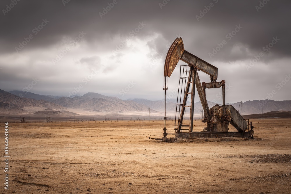 Naklejka premium Deserted Pumpjack Silhouette. Isolation Depicted By Oil Pumpjack Against Distant Mountain Ranges