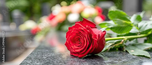 Close-up view of a red rose placed on a black granite tombstone in a cemetery with blurred grave markers behind it