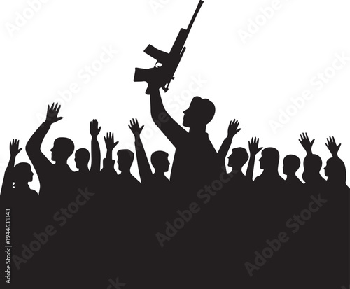 Silhouette crowd with one person holding a gun raised black white people