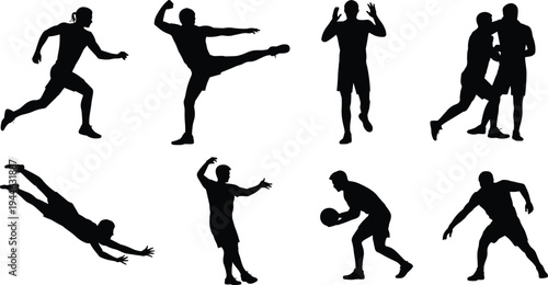 Set of black silhouettes of athletes and sports players in action poses including running, kicking, diving, wrestling, and playing ball games on white background.
