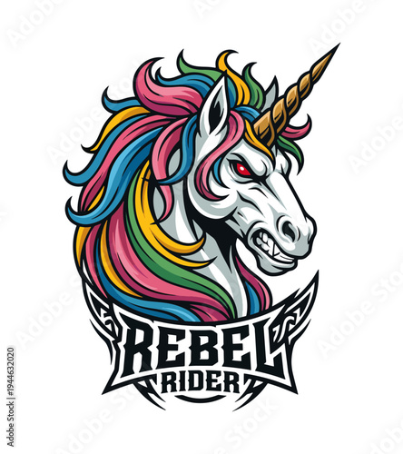 Vibrant and fierce unicorn head illustration featuring colorful flowing mane and a prominently displayed horn with an edgy style suitable for dynamic designs and artistic expressions T-shirt Design