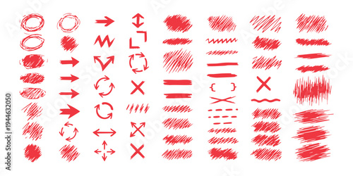 Collection of hand drawn red marker sketch elements arrows circles and underline strokes vector illustration