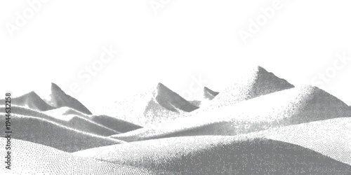 Abstract halftone landscape background with dotted mountains and wavy sand dunes texture vector illustration