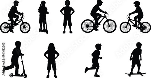 Set of black silhouettes featuring active children and teenagers riding bicycles, using kick scooters, skateboarding, and running on a clean white background for versatile graphic design projects.