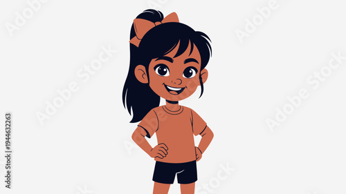 Cute Girl Cartoon Character with Ponytail and Bow Illustration
