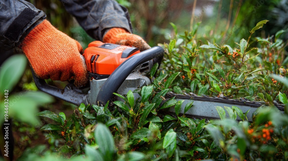 Obraz premium Hand-held plan with gloves using a garden pruner